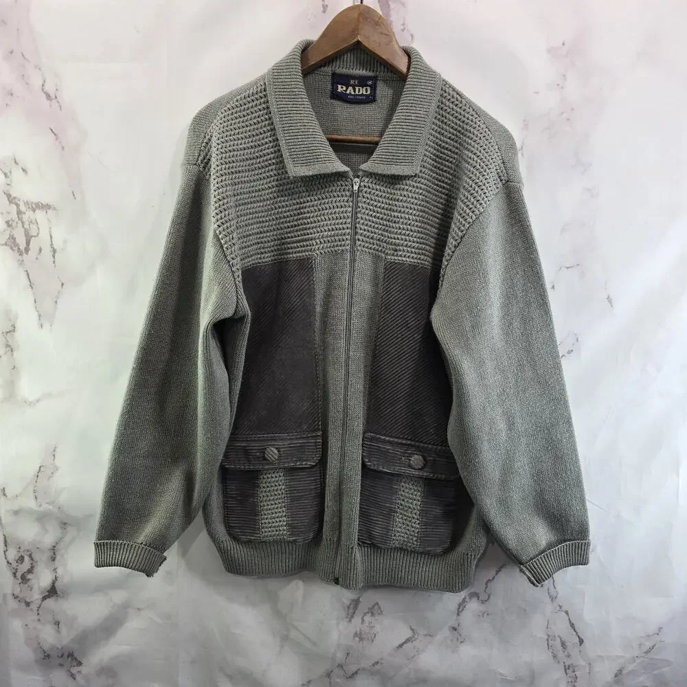 Vintage Wool Sweater Mens Large Gray Zip Cardigan Corduroy Collared